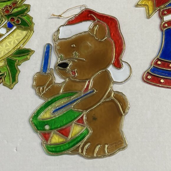Vintage Christmas Stained Glass Plastic Window Decorations Set of 4 Wreath Bell - Picture 3 of 16